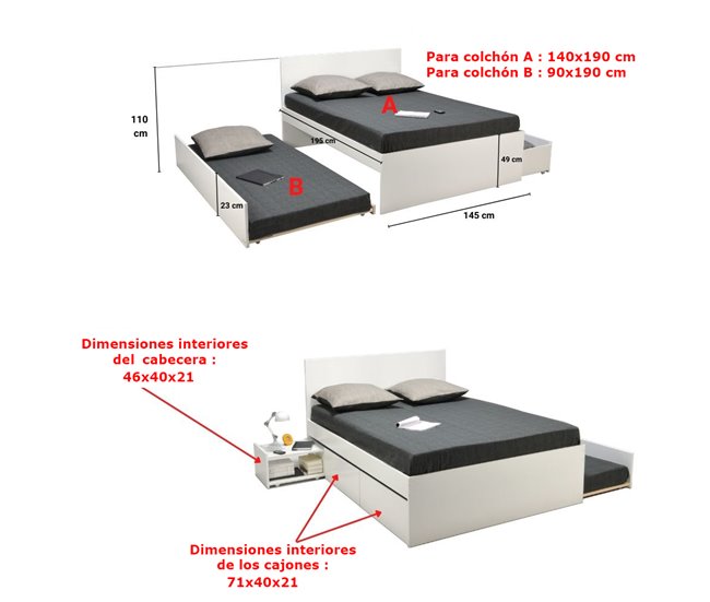 Conforama Cama Nido ALPHA 140x190cm 2 Cajones 1 Mesita Y Cama Blanco