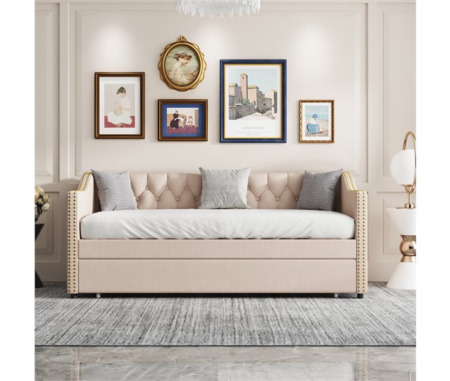 Conforama Cama Nido Banco De Lino 90x200 Cm Con Somier De Láminas - Beige