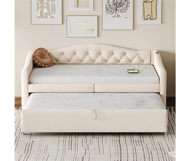 Conforama Cama Nido De Lino 90x200 Cm Y 90x190 Cm - Con Puerto USB Y Somier - Beige