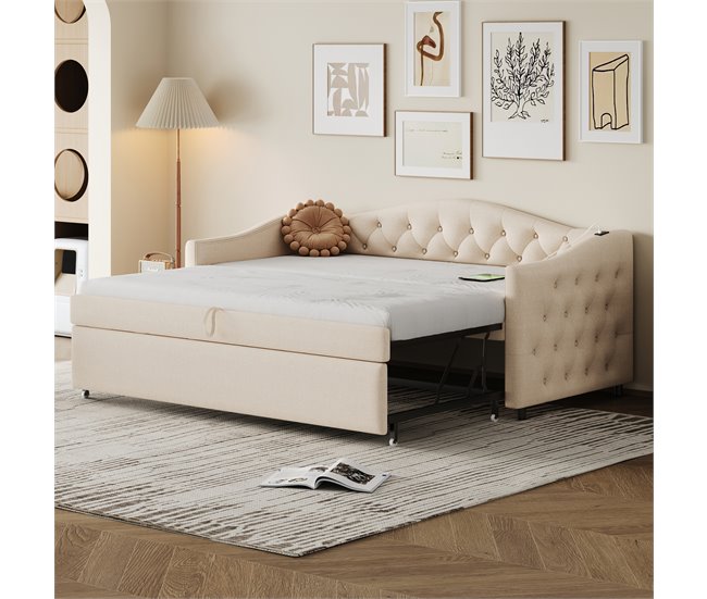 Conforama Cama Nido De Lino 90x200 Cm Y 90x190 Cm - Con Puerto USB Y Somier - Beige