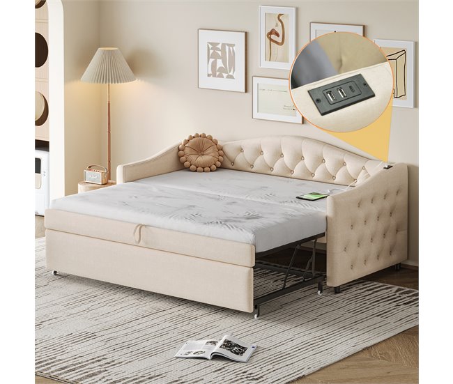Conforama Cama Nido De Lino 90x200 Cm Y 90x190 Cm - Con Puerto USB Y Somier - Beige