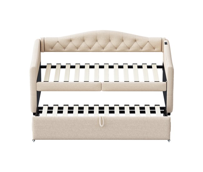 Conforama Cama nido de lino 90x200 cm y 90x190 cm - con puerto USB y somier - Beige