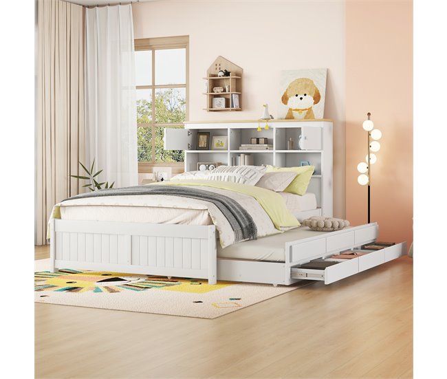 Conforama Cama Nido De Madera 140x200 Cm - Con 3 Cajones Y Cabecero Con Almacenaje - Blanco