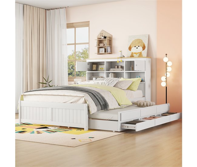 Conforama Cama Nido De Madera 140x200 Cm - Con 3 Cajones Y Cabecero Con Almacenaje - Blanco