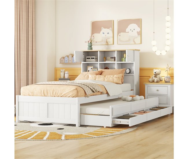 Conforama Cama Nido De Madera 90x200 Cm - Con 3 Cajones Y Cabecero Con Almacenaje - Blanco