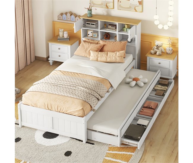 Conforama Cama Nido De Madera 90x200 Cm - Con 3 Cajones Y Cabecero Con Almacenaje - Blanco