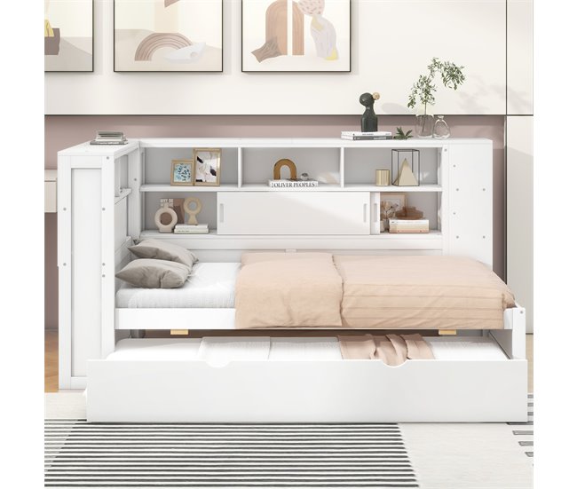 Conforama Cama Nido De Madera Maciza De 90x200 Cm Con Puertos De Carga USB - Rodeada Por Un Círculo De Almacenamiento - Blanco