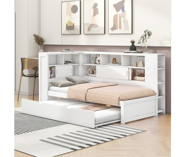 Conforama Cama Nido De Madera Maciza De 90x200 Cm Con Puertos De Carga USB - Rodeada Por Un Círculo De Almacenamiento - Blanco