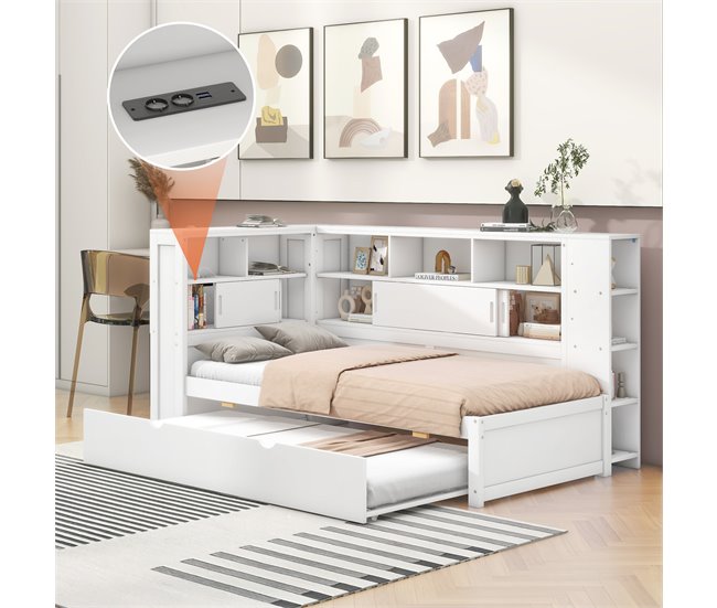 Conforama Cama Nido De Madera Maciza De 90x200 Cm Con Puertos De Carga USB - Rodeada Por Un Círculo De Almacenamiento - Blanco