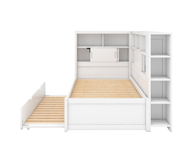 Conforama Cama nido de madera maciza de 90x200 cm con puertos de carga USB - rodeada por un círculo de almacenamiento - Blanco