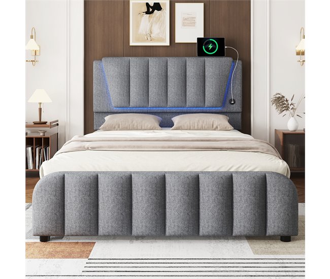 Conforama Cama Para Adulto 140x200 Cm Con 4 Cajones - Tejido De Lino - Con Puerto USB Y Somier - Gris