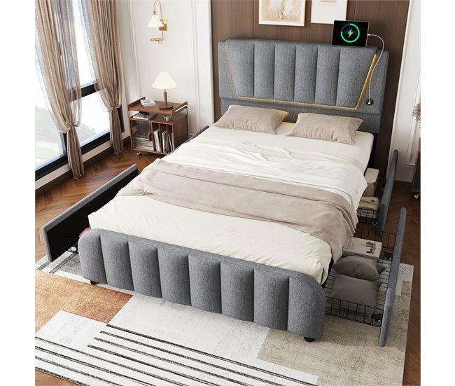 Conforama Cama Para Adulto 140x200 Cm Con 4 Cajones - Tejido De Lino - Con Puerto USB Y Somier - Gris