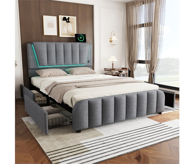 Conforama Cama Para Adulto 140x200 Cm Con 4 Cajones - Tejido De Lino - Con Puerto USB Y Somier - Gris
