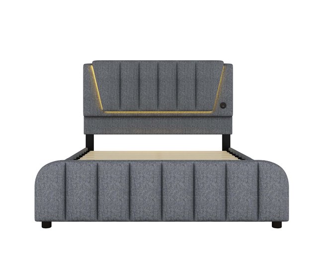 Conforama Cama para adulto 140x200 cm con 4 cajones - tejido de lino - con puerto USB y somier - Gris