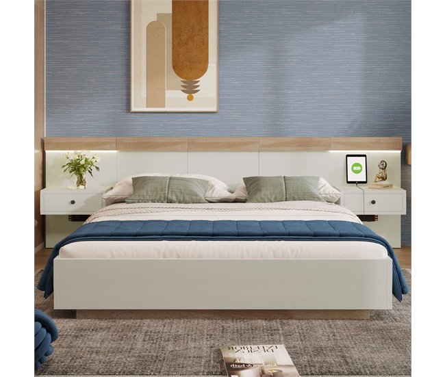 Conforama Cama Para Adultos 160x200 Cm Con Mesitas De Noche Colgantes + Puertos LED Y USB + Somier - Madera - Blanco