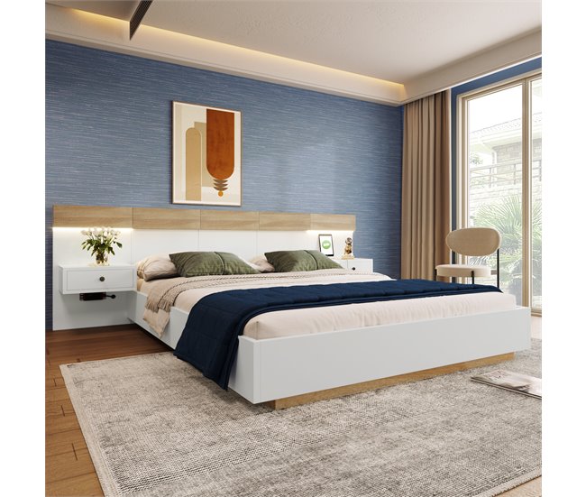 Conforama Cama Para Adultos 160x200 Cm Con Mesitas De Noche Colgantes + Puertos LED Y USB + Somier - Madera - Blanco