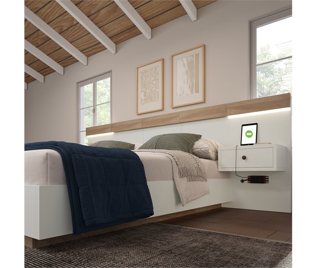 Conforama Cama Para Adultos 160x200 Cm Con Mesitas De Noche Colgantes + Puertos LED Y USB + Somier - Madera - Blanco