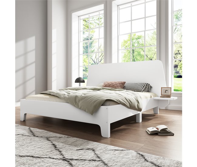 Conforama Cama Para Adultos 160x200 Cm En Madera - Con Estante Junto A La Cama Y Somier - Blanco