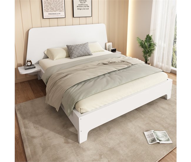 Conforama Cama Para Adultos 160x200 Cm En Madera - Con Estante Junto A La Cama Y Somier - Blanco
