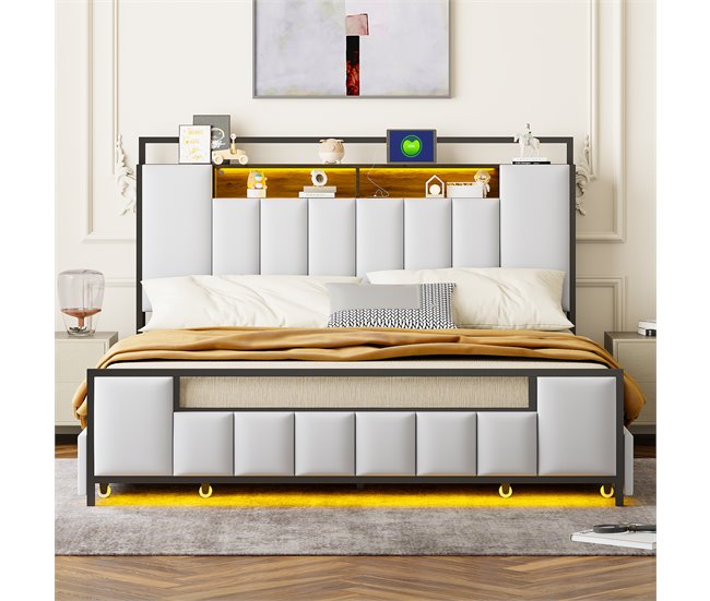 Conforama Cama Para Adultos 160x200 Cm En Símil Piel - Con LED Y Toma USB - 4 Cajones - Estructura De Hierro - Blanco