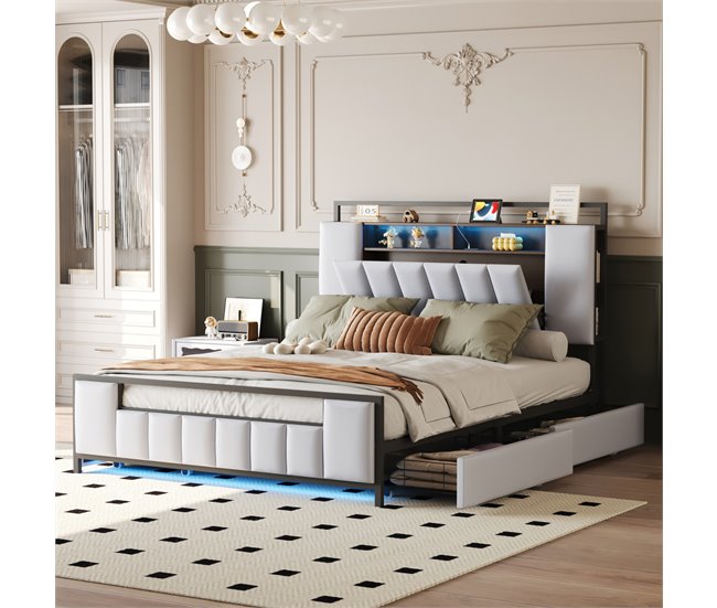Conforama Cama Para Adultos 160x200 Cm En Símil Piel - Con LED Y Toma USB - 4 Cajones - Estructura De Hierro - Blanco
