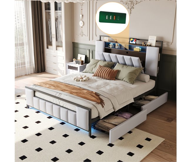Conforama Cama Para Adultos 160x200 Cm En Símil Piel - Con LED Y Toma USB - 4 Cajones - Estructura De Hierro - Blanco