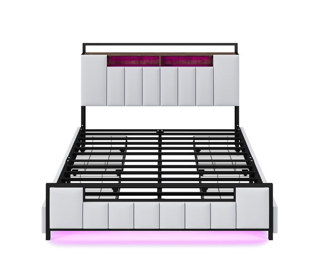 Conforama Cama para adultos 160x200 cm en símil piel - con LED y toma USB - 4 cajones - estructura de hierro - Blanco