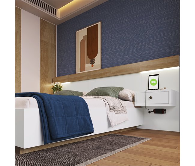 Conforama Cama Para Adultos 180x200 Cm Con Mesitas De Noche Colgantes + Puertos LED Y USB + Somier - Madera - Blanco