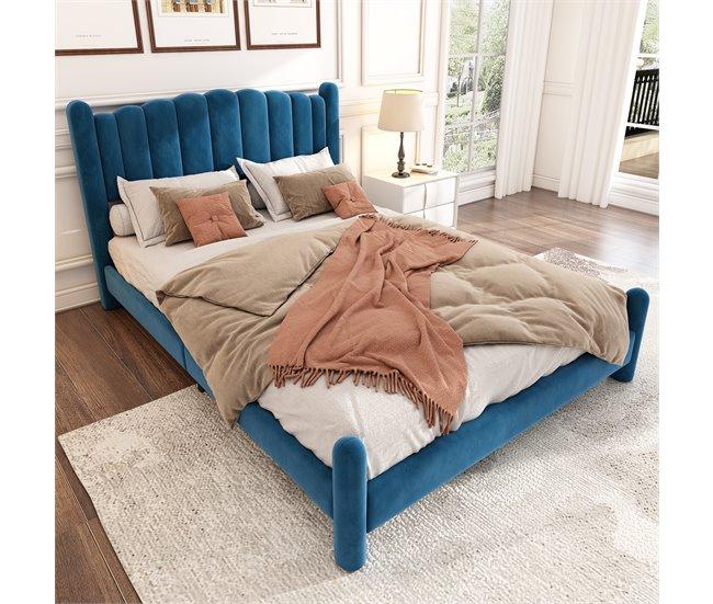 Conforama Cama Para Adultos Acolchada De Terciopelo - 140x200 Cm - Con Somier - Azul