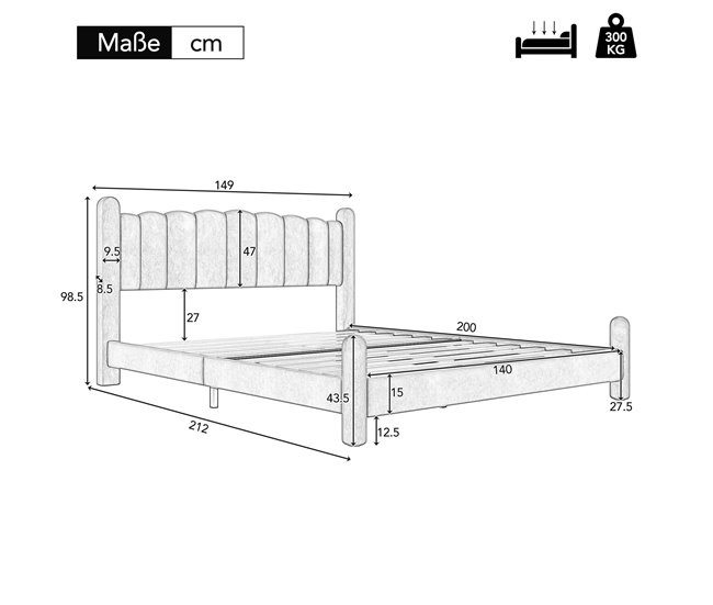Conforama Cama Para Adultos Acolchada De Terciopelo - 140x200 Cm - Con Somier - Azul