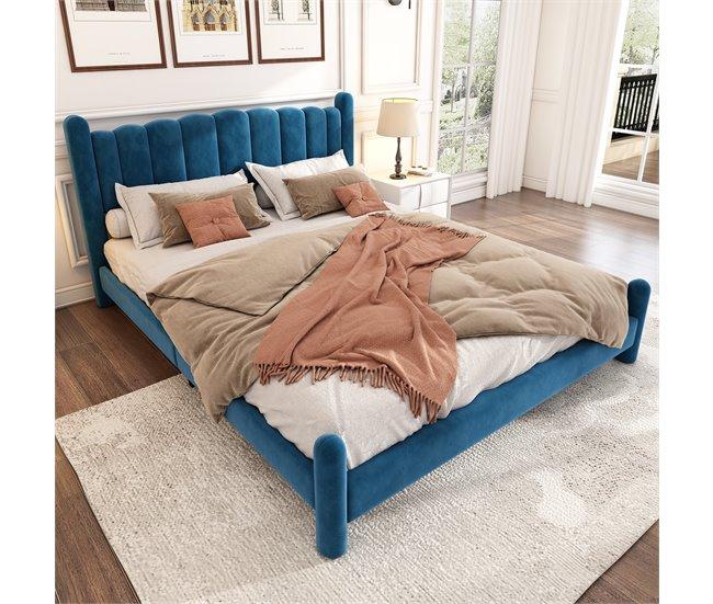 Conforama Cama Para Adultos Acolchada De Terciopelo - 160x200 Cm - Con Somier - Azul