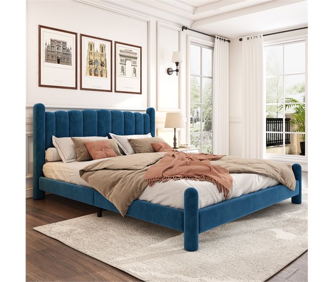 Conforama Cama Para Adultos Acolchada De Terciopelo - 160x200 Cm - Con Somier - Azul