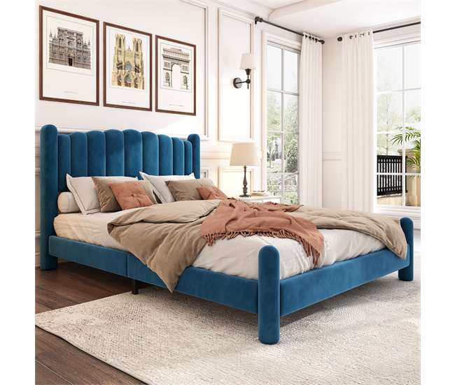 Conforama Cama Para Adultos Acolchada De Terciopelo - 180x200 Cm - Con Somier - Azul