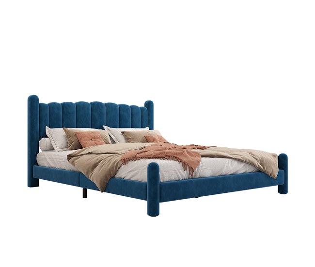 Conforama Cama Para Adultos Acolchada De Terciopelo - 180x200 Cm - Con Somier - Azul