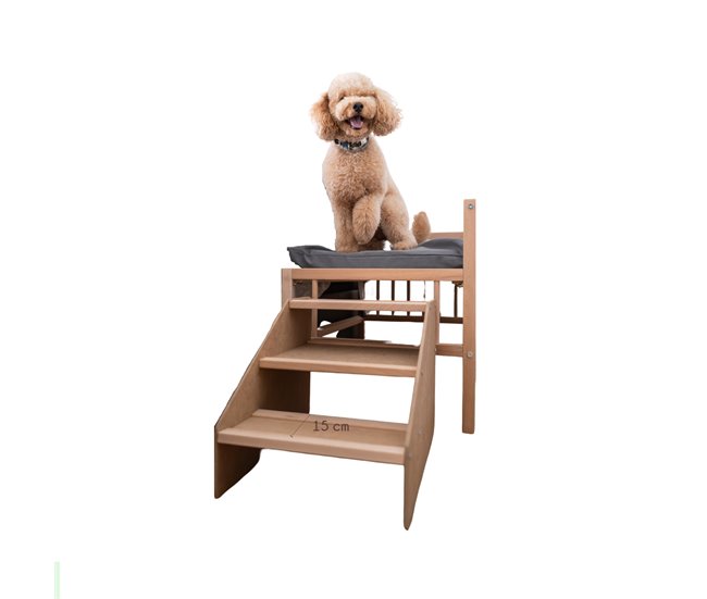Conforama Cama para Perro Gato Mascota. Elevada de Madera con Escalón para Acceder. Con Colchón de Espuma Viscoelástico Ortoflex. 2 Alturas. Faunatic Ortoflex