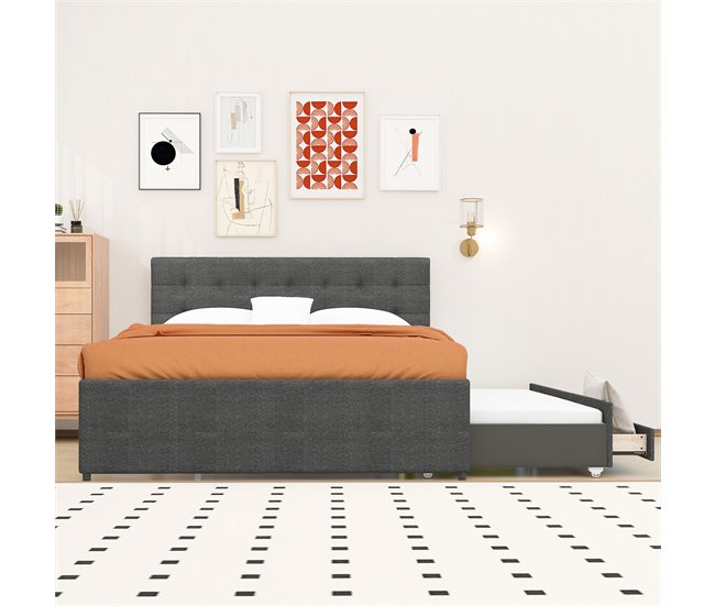 Conforama Cama Tapizada 140x200cm Con Cama Nido 90x190cm - En Tejido De Lino - Con 3 Cajones Y Somier - Gris