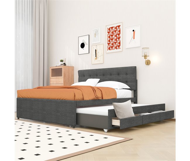 Conforama Cama Tapizada 140x200cm Con Cama Nido 90x190cm - En Tejido De Lino - Con 3 Cajones Y Somier - Gris