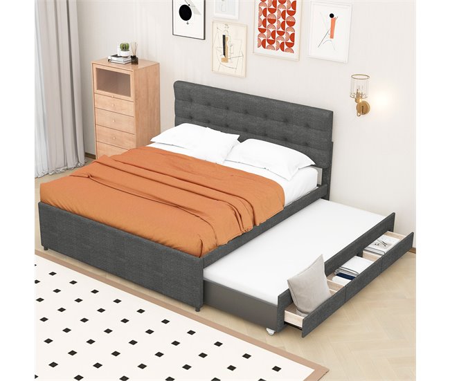 Conforama Cama Tapizada 140x200cm Con Cama Nido 90x190cm - En Tejido De Lino - Con 3 Cajones Y Somier - Gris