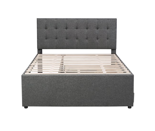 Conforama Cama tapizada 140x200cm con cama nido 90x190cm - en tejido de lino - con 3 cajones y somier - Gris