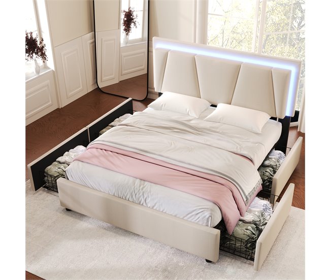 Conforama Cama Tapizada 140x200cm En Lino - Con 2 Cajones + LED + Somier - Beige