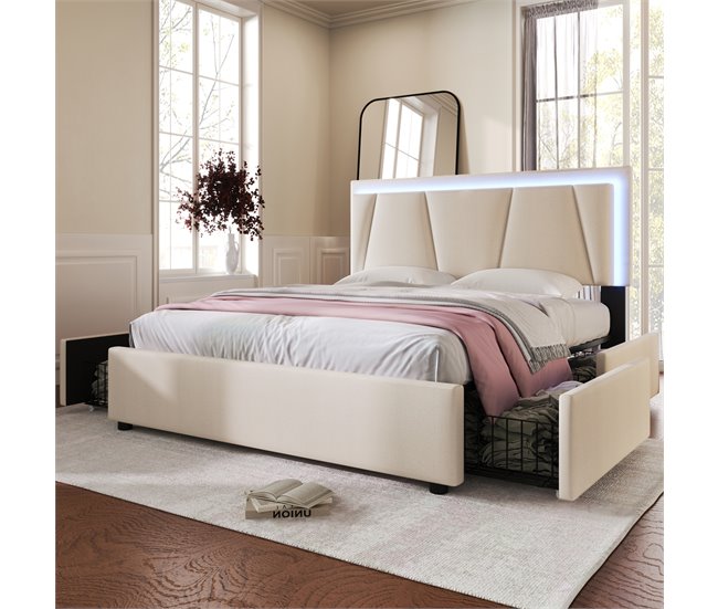 Conforama Cama Tapizada 140x200cm En Lino - Con 2 Cajones + LED + Somier - Beige