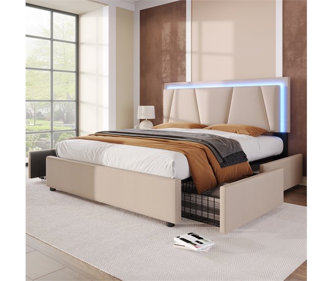 Conforama Cama Tapizada 140x200cm En Lino - Con 2 Cajones + LED + Somier - Beige