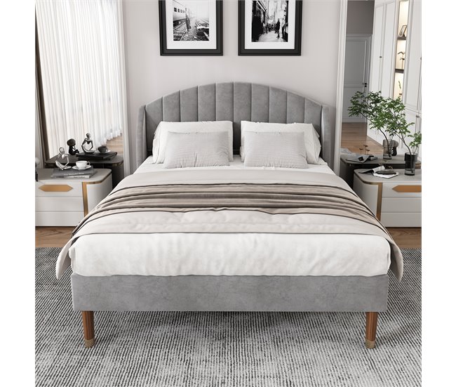 Conforama Cama Tapizada 140x200cm En Terciopelo Con Somier De Láminas - Gris