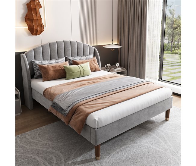 Conforama Cama Tapizada 140x200cm En Terciopelo Con Somier De Láminas - Gris