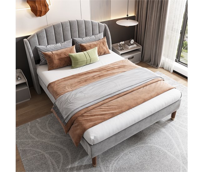 Conforama Cama Tapizada 140x200cm En Terciopelo Con Somier De Láminas - Gris