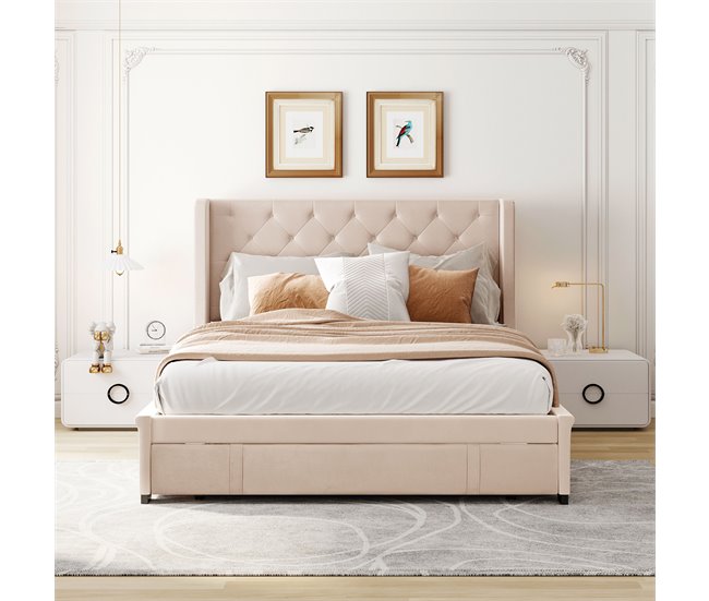 Conforama Cama Tapizada 140x200cm - Tela De Lino - Con Un Cajón - Beige