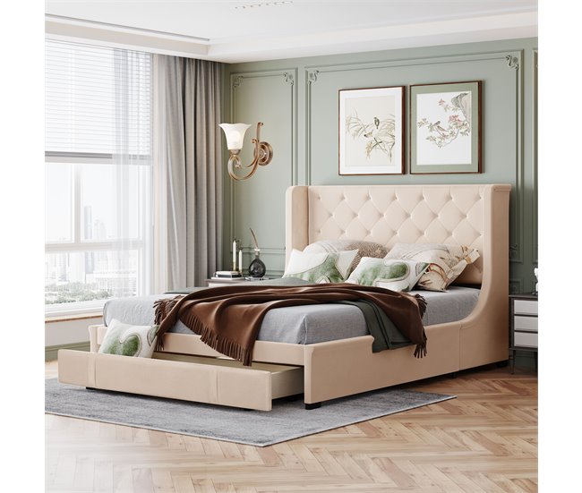 Conforama Cama Tapizada 140x200cm - Tela De Lino - Con Un Cajón - Beige