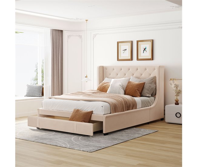 Conforama Cama Tapizada 140x200cm - Tela De Lino - Con Un Cajón - Beige
