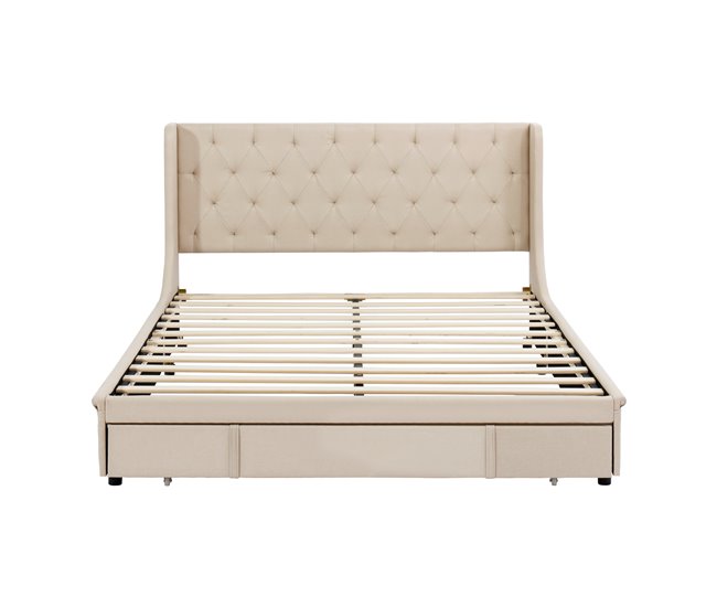 Conforama Cama tapizada 140x200cm - tela de lino - con un cajón - Beige