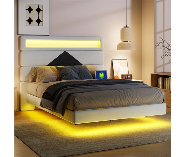 Conforama Cama Tapizada 160 X 200 Cm Cama Doble Con USB Y LED Estructura De Cama Casal Con Somier De Lamas De Madera Y Cabeceiro